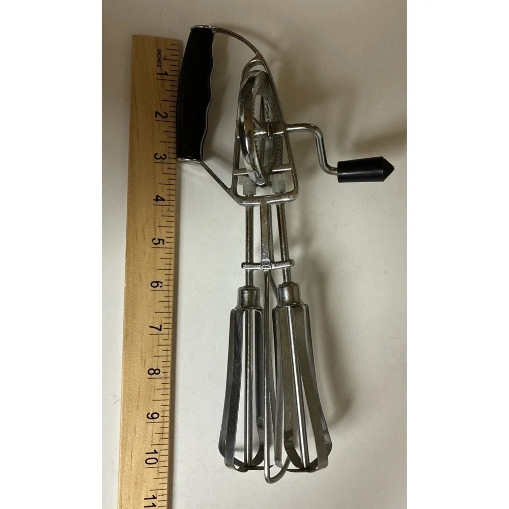 Egg Beater Hand Held Crank Mixer Stainless Steel‎ Black Side Handle Vintage